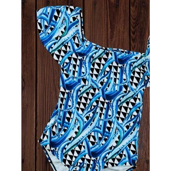 Unbranded Women’s Medium Blue White Geometric Print Off-Shoulder Ruffle Swimsuit - Picture 3 of 14